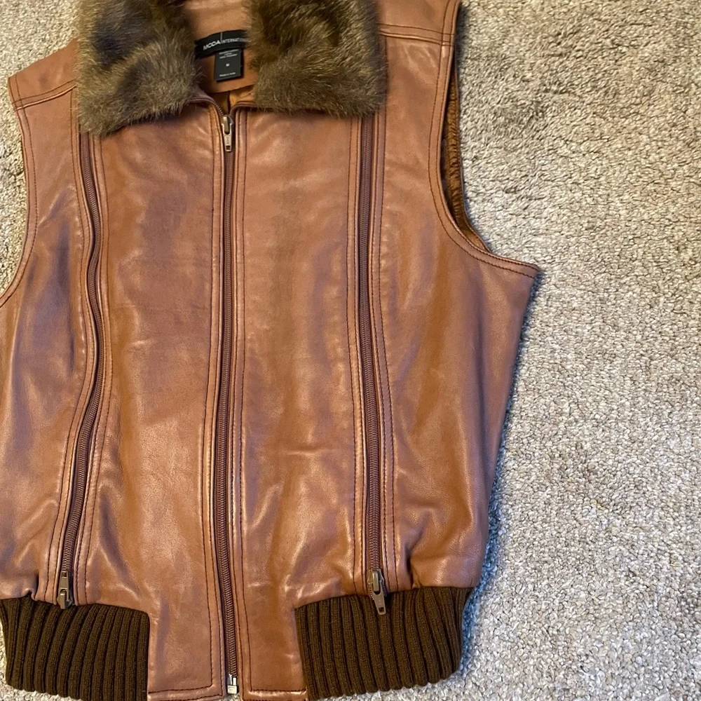 VTG Moda International Brown Leather Vest with Faux Fur Size M Aviator Bomber - Picture 5 of 13